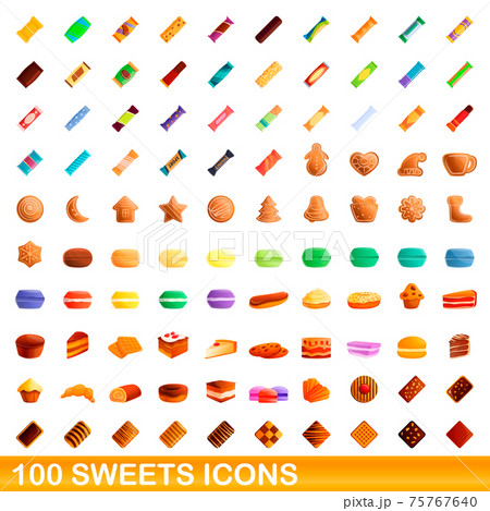 100 sweets icons set, cartoon style 75767640