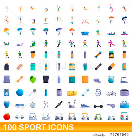 100 sport icons set, cartoon style 75767646