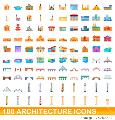 100 architecture icons set, cartoon style 75767711