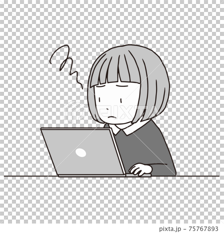 ノート型パソコンとおかっぱの女の子 悩み困惑 リモート授業 オンライン講座 テレビ電話 のイラスト素材