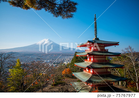 Chureito pagoda and Mount Fuji in the morning, Japan in autumn Chureito pagoda and Mount Fuji in the morning, Japan in autumn 75767977