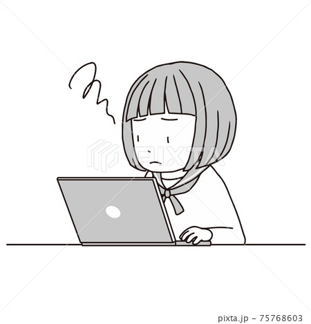 ノート型パソコンとおかっぱの女の子：悩み困惑（リモート授業、オンライン講座、テレビ電話） 75768603