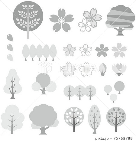 アイコン 春 さくら 桜 花 木 白フチ 白黒 イラスト素材セットのイラスト素材