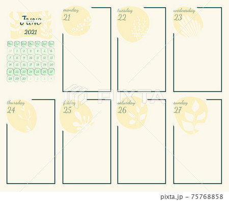 Wall calendar page template with seasonal graphics for month. June summer themed calender page Wall calendar page template with seasonal graphics for month. June summer themed calender page 75768858