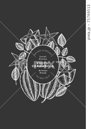 Hand drawn sketch style carambola banner. Organic fresh fruit vector illustration on chalk board. Retro fruit design template Hand drawn sketch style carambola banner. Organic fresh fruit vector illustration on chalk board. Retro fruit design template 75769513