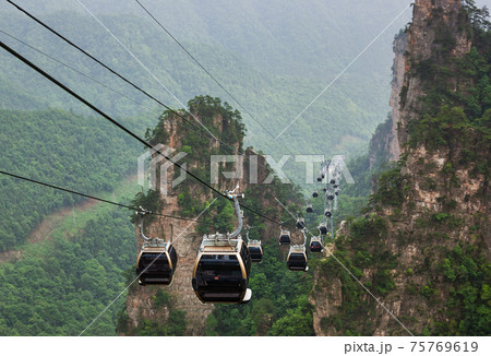 Cableway in Tianzi Avatar mountains nature park - Wulingyuan China Cableway in Tianzi Avatar mountains nature park - Wulingyuan China 75769619