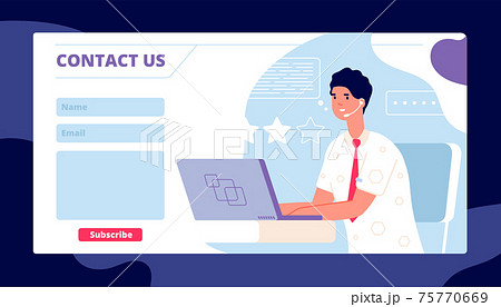 Contact us template. Corporate service page, business web banner. Support center client form, cartoon manager at computer utter vector design Contact us template. Corporate service page, business web banner. Support center client form, cartoon manager at computer utter vector design 75770669