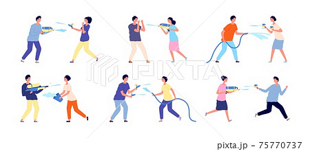Water festival. People playing splashes, celebrate songkran fest. Happy summer games, woman man watering other from gun and bowl utter vector set Water festival. People playing splashes, celebrate songkran fest. Happy summer games, woman man watering other from gun and bowl utter vector set 75770737