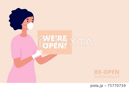 We are open. Shopping store opening, new normal or business reopen. Woman hold welcome banner, marketing message for buyers utter vector poster We are open. Shopping store opening, new normal or business reopen. Woman hold welcome banner, marketing message for buyers utter vector poster 75770739