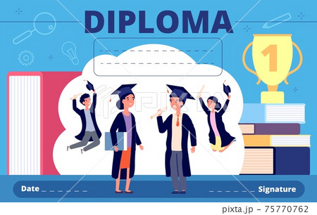 Kids diploma. Celebration student kid, kindergarten or preschool graduate. Education course certificate, cartoon child utter vector template Kids diploma. Celebration student kid, kindergarten or preschool graduate. Education course certificate, cartoon child utter vector template 75770762