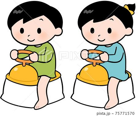 おまるに座る男の子と女の子のイラスト素材