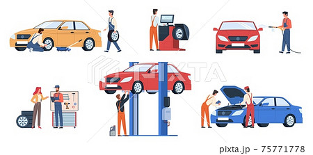 Car service workers. People in repair process, mechanics work fix breakdowns, change automobile details, make diagnosis and wash auto in garage. Maintenance vehicle vector flat scenes set 75771778