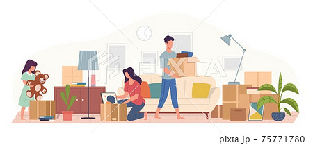 Packing apartment things. Family house moving, people distribute items into cardboard boxes, parents and child unpacking and storing stuff, transportation service vector relocating concept 75771780