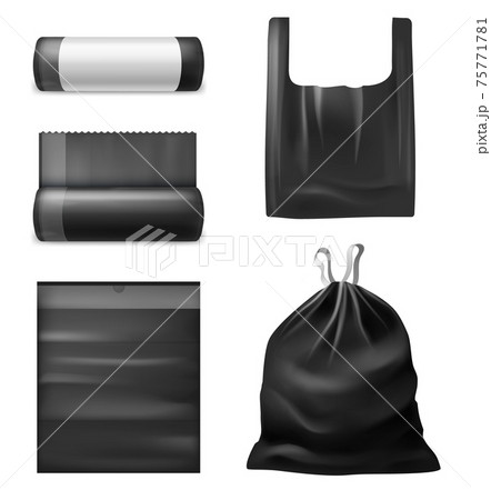 Realistic black trash bags. Kitchen garbage plastic sacks, bag with handles, collapsed and expanded, roll with blank empty label, filled with household waste vector 3d isolated set 75771781