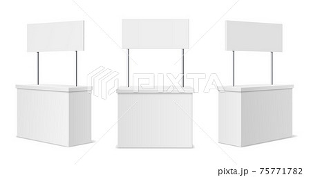 Advertising stands. Realistic blank modern simple rack or counters multiple camera angles, 3d promotional desk with sign top, clean empty promo tables with signboard white mockup vector set 75771782