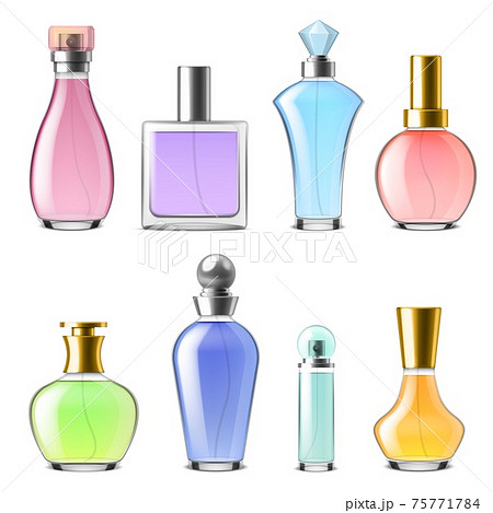 Perfume glass bottles. Realistic 3d cologne transparent packaging, colored fragrances, cosmetic mockup, gold and silver caps. Cosmetic blank glamour packaging collection vector isolated set 75771784