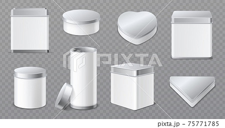 Metal boxes. Realistic tin jars, 3d white and aluminum caps containers, products blank packaging, tea, cookies and candy storage. Vector mockup set isolated on transparent background 75771785