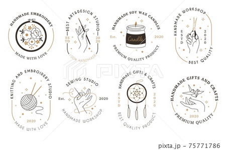 Handmade workshop signs. Craft products hipster linear emblems, minimalist hobbies and creativity badges, hands holding tools. Art and embroidery studio logo vector line labels set 75771786