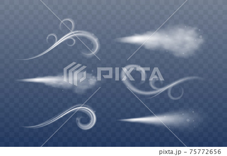 Set of winter wind blow, cold air swirl, snow cloudiness or mist with snowflakes 75772656