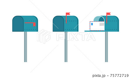 Set of three vintage mail boxes on the pole, flat vector illustration isolated. Set of three vintage mail boxes on the pole, flat vector illustration isolated. 75772719