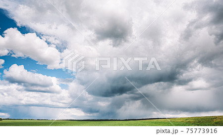 Countryside Rural Wheat Field Meadow Landscape In Summer Rainy Day. Scenic Sky With Rain Clouds On Horizon. Countryside Rural Wheat Field Meadow Landscape In Summer Rainy Day. Scenic Sky With Rain Clouds On Horizon. 75773916