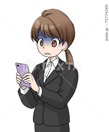 スマートフォンを見て青ざめるスーツを着た茶色い髪の女性 スマートフォンを見て青ざめるスーツを着た茶色い髪の女性 75774260