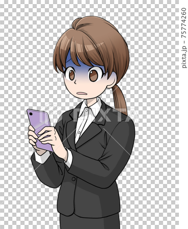 スマートフォンを見て青ざめるスーツを着た茶色い髪の女性 スマートフォンを見て青ざめるスーツを着た茶色い髪の女性 75774260