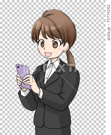 A brown-haired woman in a suit who is pleased to see her smartphone A brown-haired woman in a suit who is pleased to see her smartphone 75774262