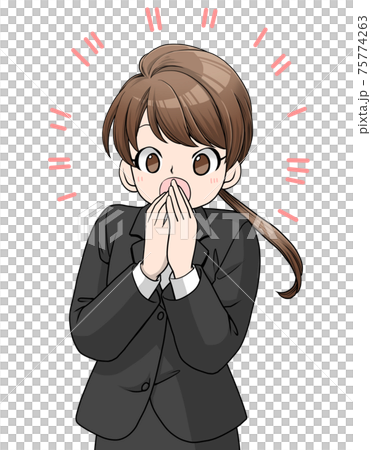 一件驚奇的衣服的一名棕髮婦女用她的在她的嘴的手 一件驚奇的衣服的一名棕髮婦女用她的在她的嘴的手 75774263
