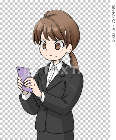 穿著棕色衣服的女人,使她看著她的智能手機 穿著棕色衣服的女人,使她看著她的智能手機 75774490