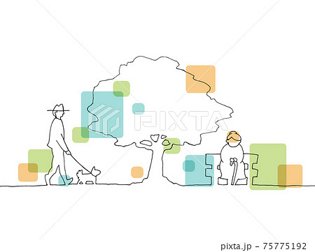 木の下の人々 線画イラスト 木の下の人々 線画イラスト 75775192