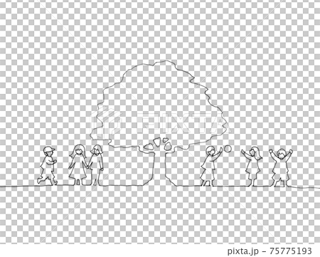 孩子們在一棵樹下玩耍的線條藝術插圖 孩子們在一棵樹下玩耍的線條藝術插圖 75775193