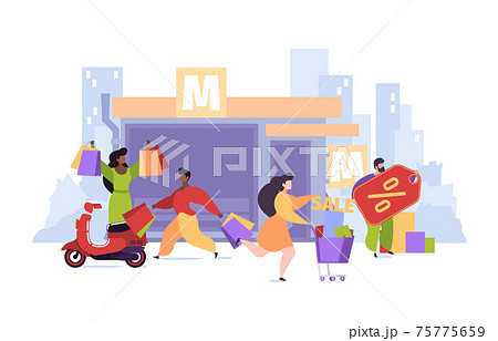 Shopping characters. People with shopping bags walking on street stores in city local markets garish vector background illustration in flat style 75775659