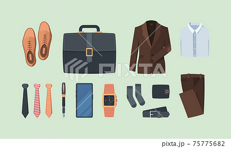 Business style clothes. Gadgets for business people boss textile socks suits shirt pants belt briefcase wallet watch phone tie garish vector flat pictures 75775682