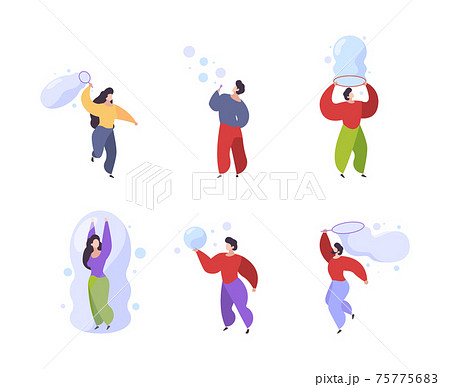 Soap bubbles. Kids active people attractions playing with soap bubbles garish vector illustrations collection various characters male and female 75775683