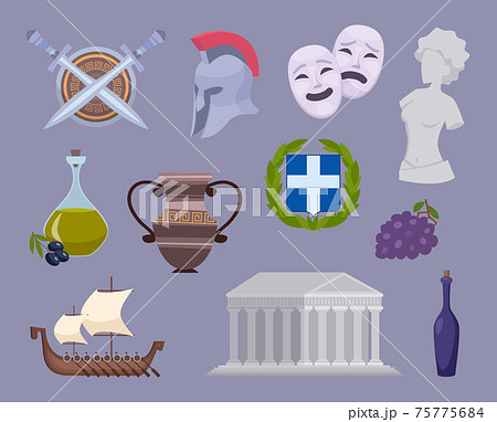 Greece collection. Traditional authentic cultural object of greece travelling symbols europe landmarks exact vector cartoon set isolated 75775684