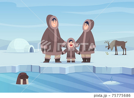 North pole background. Eskimo authentic people winter cold clothes happy characters exact vector cartoon landscape 75775686