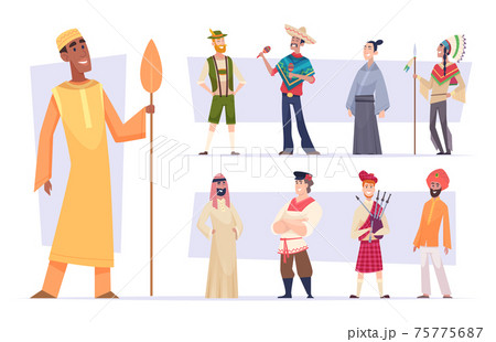 Ethnic groups. Funny people in different nationalities in ethnic clothes exact vector illustrations 75775687
