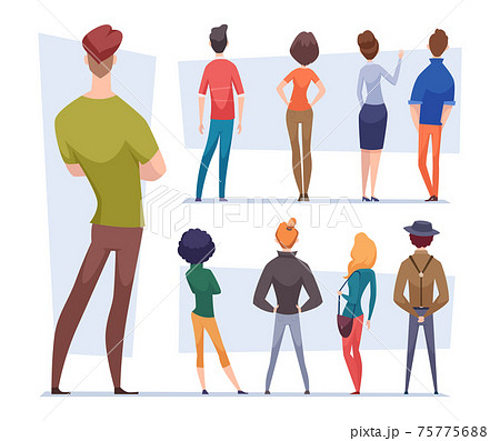 Rear view people. Standing persons in casual style clothes and business uniform legs arms torso back view exact vector flat illustrations isolated on white 75775688