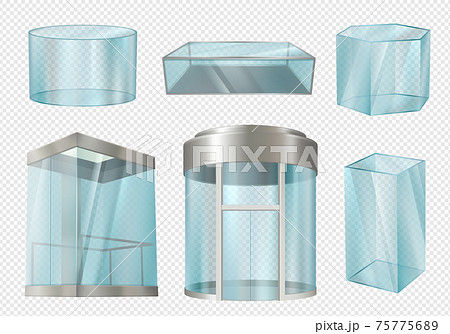 Glass cylinders. Transparent showcases stands in various forms cylinder cube blank elevator in mall. Decent vector realistic templates 75775689
