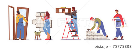 Set of People Work on Home Repair Installing Door, Window, Tiling Wall, Hanging Shelf and Laying Brick, Renovation 75775808