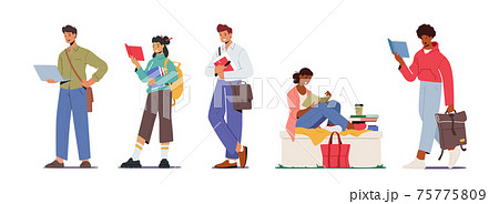 Set of Students Characters with Different Bags Shoulder Belt, Rucksack or Backpack, Hand Bag. Men and Women Reading 75775809