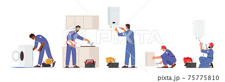 Set of Plumber Male Characters Repair Broken Technics Washing Machine, Sink, Heater and Heating Pipes. Plumbing Handyman 75775810