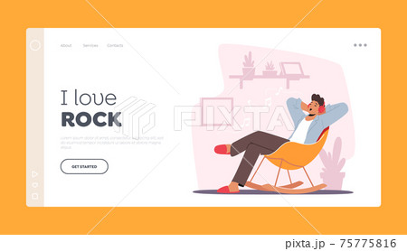Young Man in Headphones Enjoying Rock Music Landing Page Template. Male Character Wearing Earphones Relax Sparetime Young Man in Headphones Enjoying Rock Music Landing Page Template. Male Character Wearing Earphones Relax Sparetime 75775816