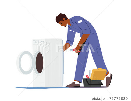 Plumber, Husband for an Hour Repair Service. Character in Uniform Work with Instruments Fixing Broken Washing Machine Plumber, Husband for an Hour Repair Service. Character in Uniform Work with Instruments Fixing Broken Washing Machine 75775829