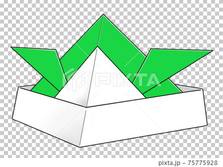 少し横を向いた緑色の折り紙で作った兜 75775928