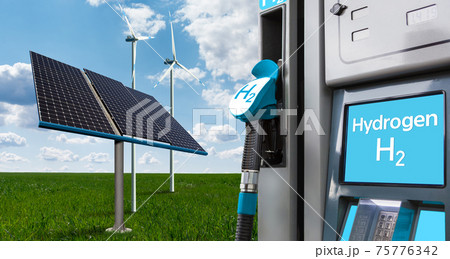 Hydrogen gas station with wind turbines and solar panels  75776342