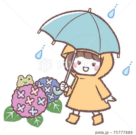 傘をさす女の子と紫陽花とカエル 75777889