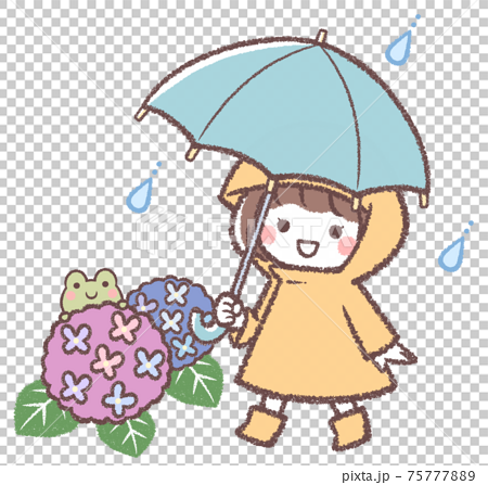 傘をさす女の子と紫陽花とカエル 75777889