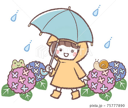 傘をさす女の子と紫陽花とカエルとカタツムリ 75777890